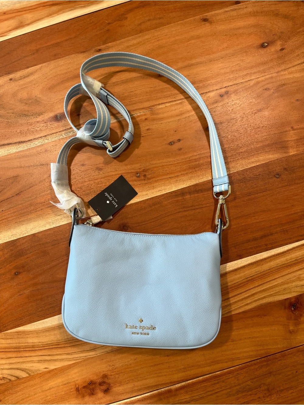 Kate Spade Light Blue Pebble Leather Crossbody with Striped Strap